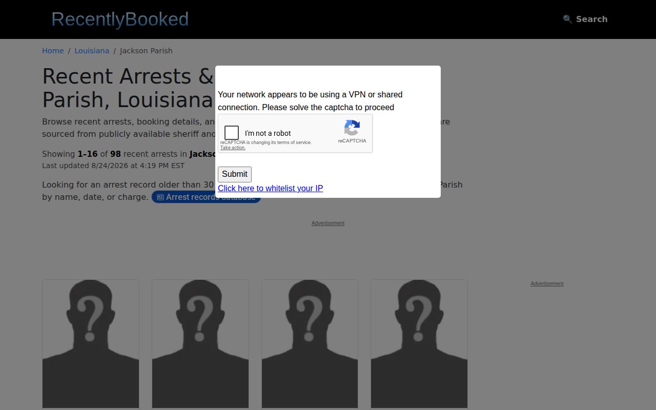 Unofficial Recently Booked Jackson Parish arrest index